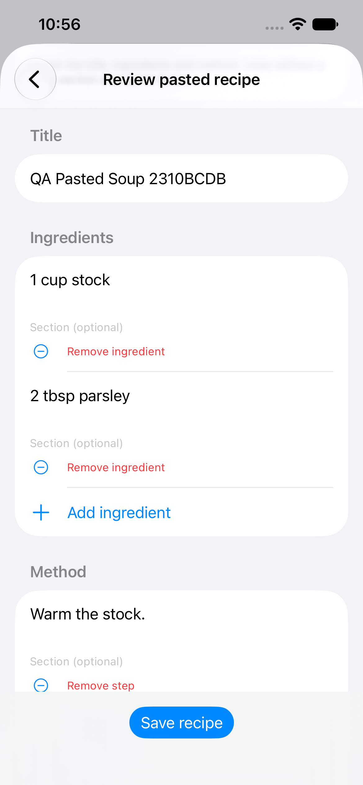 iPhone recipe review with editable title, stock and parsley ingredients, method and Save recipe.