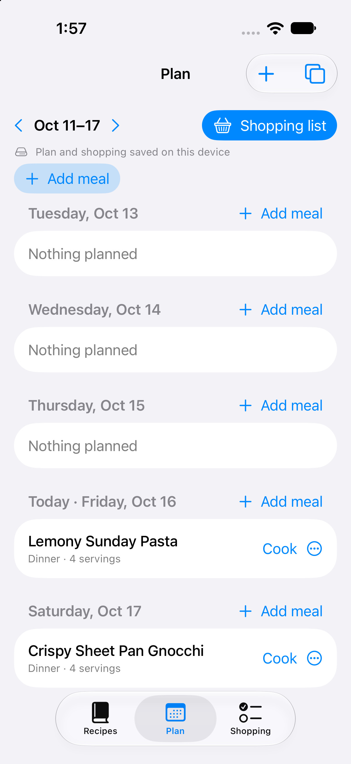 iPhone Plan showing Lemony Sunday Pasta on Friday and Crispy Sheet Pan Gnocchi on Saturday, each with four servings and a Cook action.