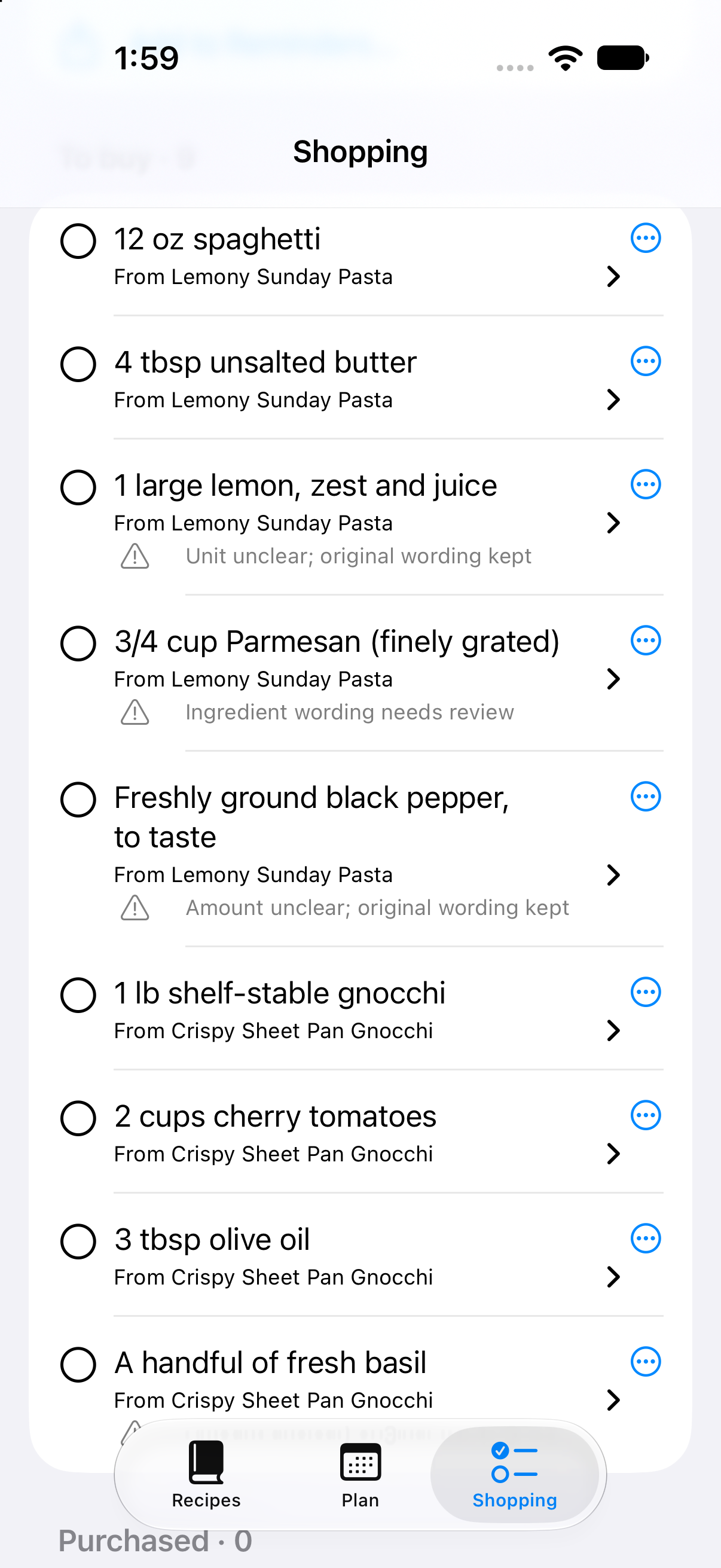 iPhone Shopping showing ingredients from two planned meals, original recipe sources, warning messages and three-dot item menus.