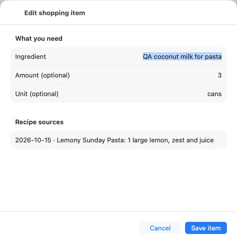 Mac shopping-item editor showing Ingredient, Amount, Unit and the original recipe source.